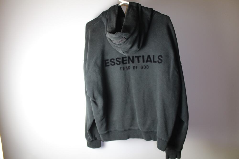 Fear of God FOG Essentials Velvet Spellout Logo Black Pullover Hoodie Sweatshirt